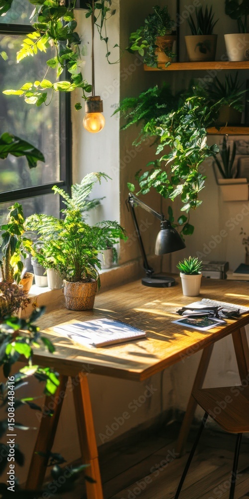 Fototapeta premium Cozy home office with plants and natural light