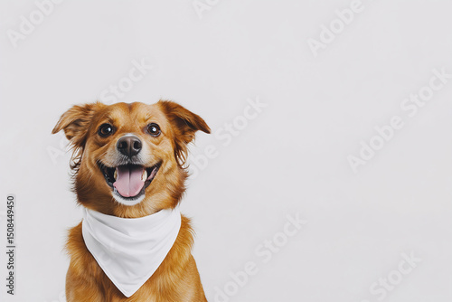 A cheerful dog wearing a white bandana, sitting against a clean white background, radiating joy and friendliness