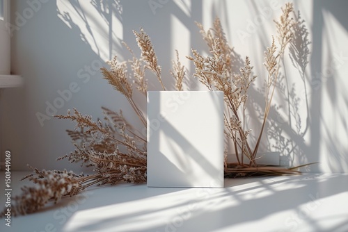Blank mockup of a white box on a light background and dried flowers