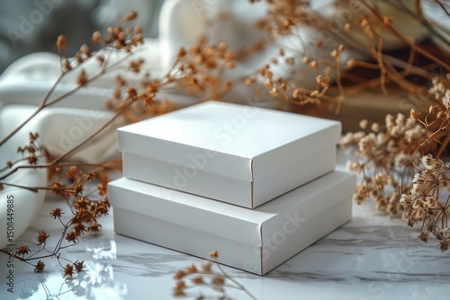 Blank mockup of a white box on a light background and dried flowers