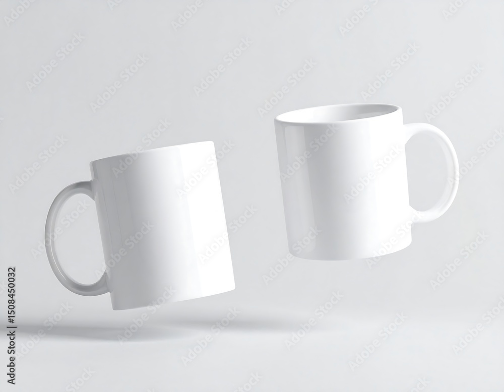 Fototapeta premium Two blank white mugs levitate against a bright, simple background