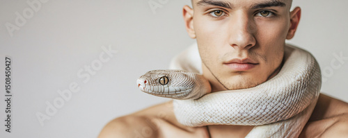 Man with White Snake Wrapped Around Neck – Intense Close-Up Portrait
