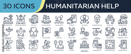 Collection of Humanitarian Help icons, related to disaster relief, first aid kit, charity, community support, volunteer and more. Outline icons vector illustation.