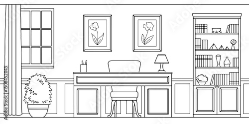 Classic office room graphic black white interior sketch illustration vector
