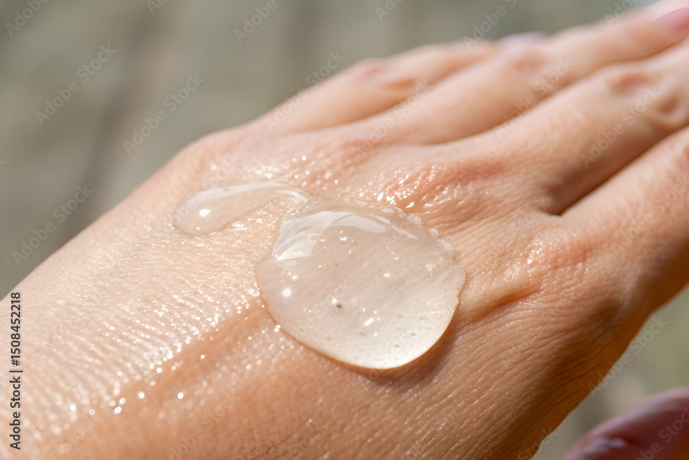 Fototapeta premium Close-Up View of Transparent Gel Droplet on Hand Skin Giving a Fresh and Hydrated Appearance in Natural Light Conditions