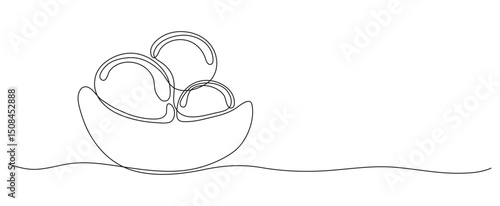 Ice cream balls in continuous line art drawing style. Black outline sketch on white background. Ice-cream scoops on bowl summer banner with copy space