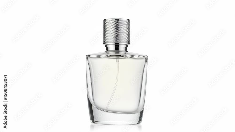 A beautifully rendered 3D animation of a clear glass perfume bottle, featuring an elegant, slightly curved design and a distinctive silver textured/knurled cap. The bottle rotates smoothly in a seamle A beautifully rendered 3D animation of a clear glass perfume bottle, featuring an elegant, slightly curved design and a distinctive silver textured/knurled cap. The bottle rotates smoothly in a seamle