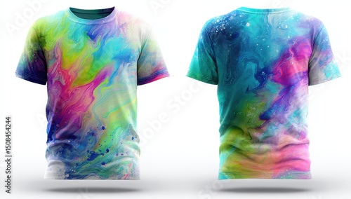 Vibrant tie-dye t-shirts, front and back views
