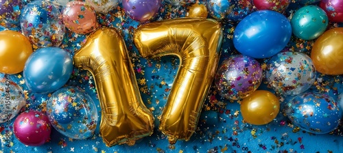 Golden Number 17 Balloons With Colorful Festive Balloons And Confetti On Blue Background