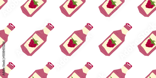 Seamless Raspberry Juice Bottle Pattern — seamless pattern with raspberry juice bottles in flat cartoon style. Pink bottles with raspberry label on white background in diagonal layout.