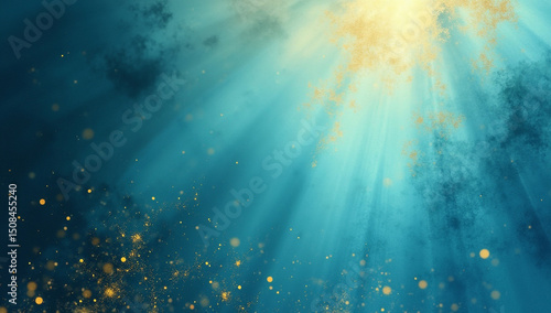 Abstract Blue Underwater Scene with Golden Light Beams Texture Background Gold Particles Light Rays and Water Depth