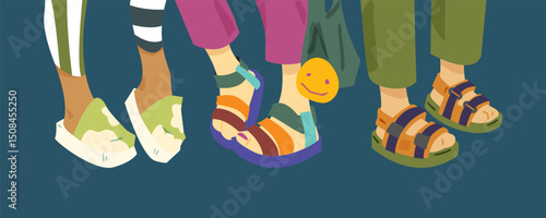 Cartoon Colorful Summer Footwear Set — cartoon illustration of legs in colorful summer sandals and platform shoes. Flat style with casual outfits and dark blue background.