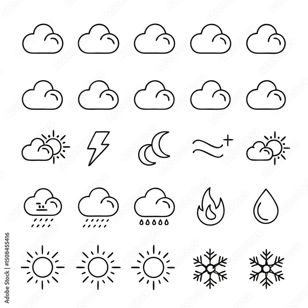 Obraz premium Minimal Line-Art Weather Icons – Cloud, Sun, Moon, Rain, Snow, and Nature Elements Set