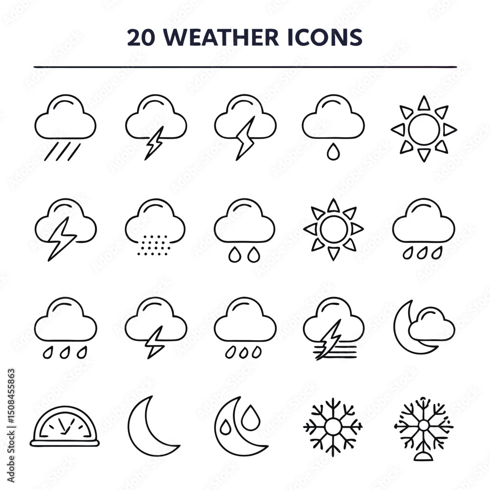 Fototapeta premium Minimal Line-Art Weather Icons – Cloud, Sun, Moon, Rain, Snow, and Nature Elements Set