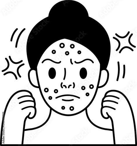 black and white illustration of a girl with acne on her face is angry
