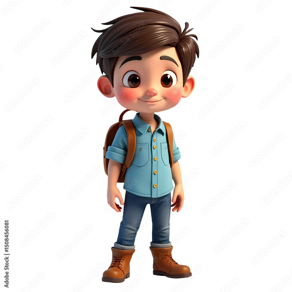 A cartoon boy with brown hair and a blue shirt standing with a backpack and brown boots isolated isolated on transparent background A cartoon boy with brown hair and a blue shirt standing with a backpack and brown boots isolated isolated on transparent background