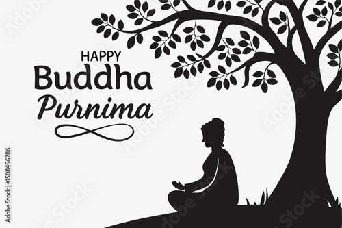 Black and white graphic of Buddha meditating under a Bodhi tree with "Happy Buddha Purnima" greeting, representing enlightenment and peace.
