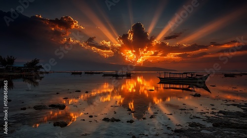 Dramatic Sunset with Boats, Philippines, and Ocean Reflection.