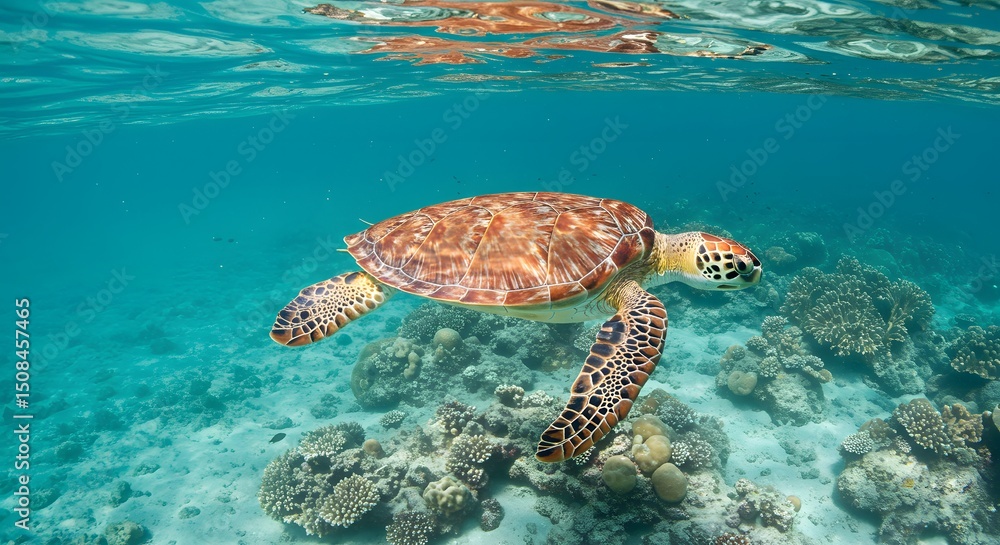 Fototapeta premium Majestic Green Sea Turtle Gracefully Navigating Vibrant Coral Reef