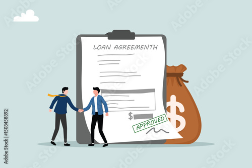 Businessmen shake hands with loan agreements and bags of money.