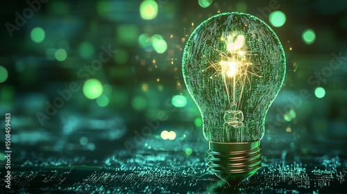 Abstraction with codes and neurons, light bulb as result, green color is present