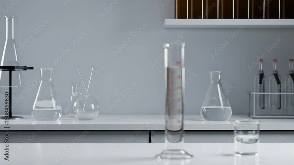 Scientific glassware with liquid in a laboratory setting on a white table Scientific glassware with liquid in a laboratory setting on a white table