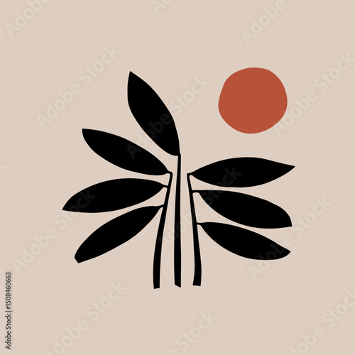 Abstract Plant and Sun Composition on Beige. A modern minimalistic illustration of a stylized plant with black leaves and a sun on a beige background.