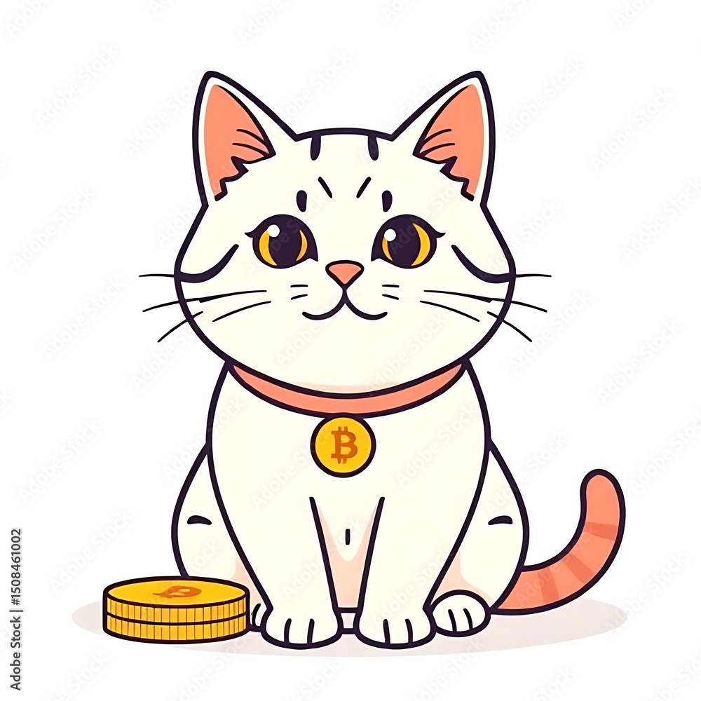 Fototapeta premium Adorable Cartoon Cat with Bitcoin Cryptocurrency and Cute Pets Illustration
