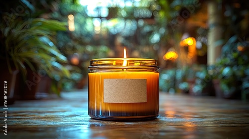 Burning candle in a glass jar with label mock up  HD 8k wallpaper photographic image