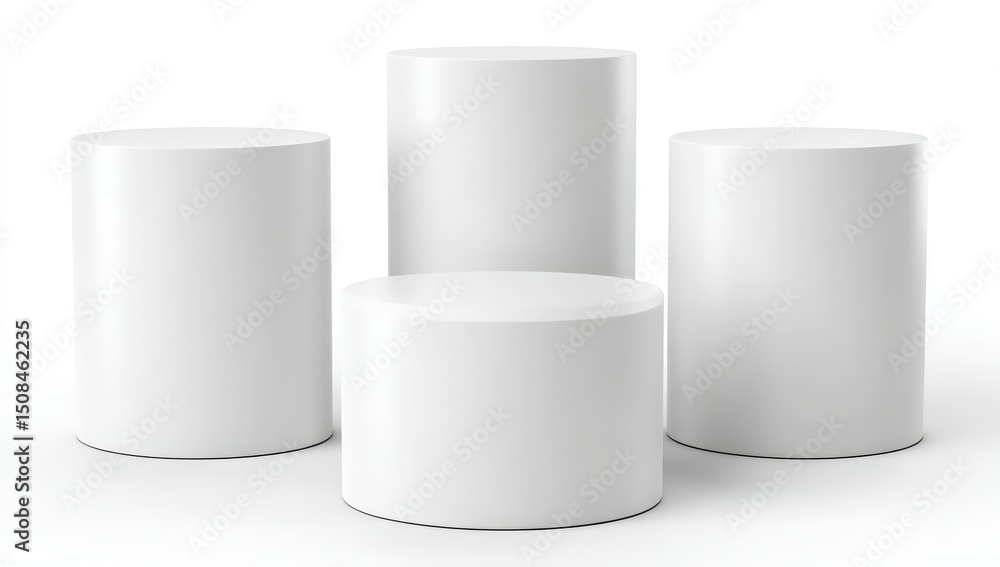 Four white cylindrical display stands Four white cylindrical display stands