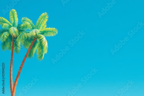 Tropical beach scene featuring palm trees, rendered in a vintage tone and retro color style