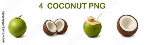 Isolated Coconut PNG – Whole and Half Tropical Brown Coconut on Transparent Background for Food Designs