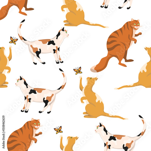 Seamless pattern of red cats on a white background. Vector pattern for textiles, paper.