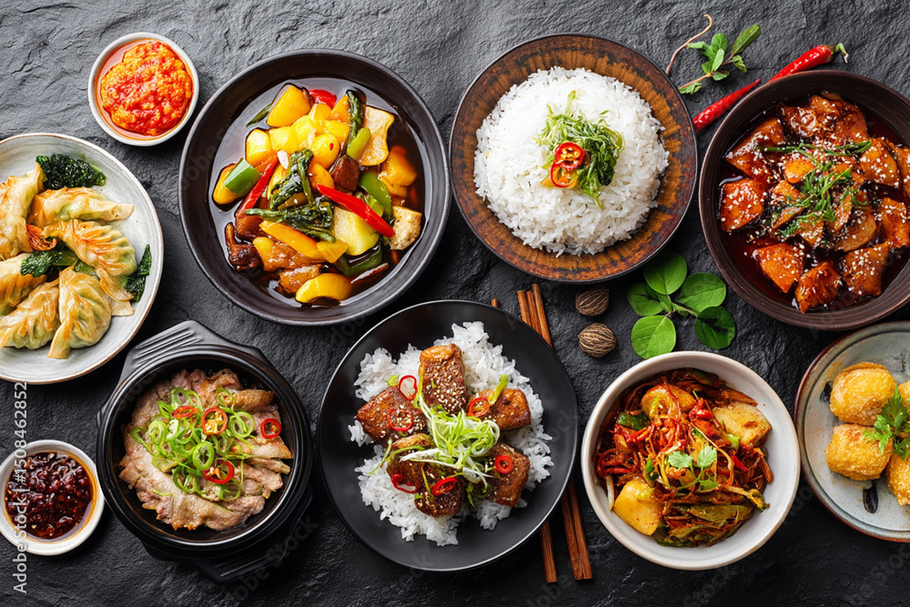 Variety of Asian dishes from above on a black stone background Variety of Asian dishes from above on a black stone background