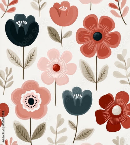 The retro Scandinavian style is characterized by a seamless pattern of leaves and flowers