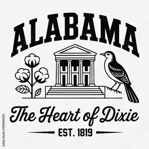 Alabama The Heart Of Dixie Est. 1819 T-Shirt Design Cityscape Illustration