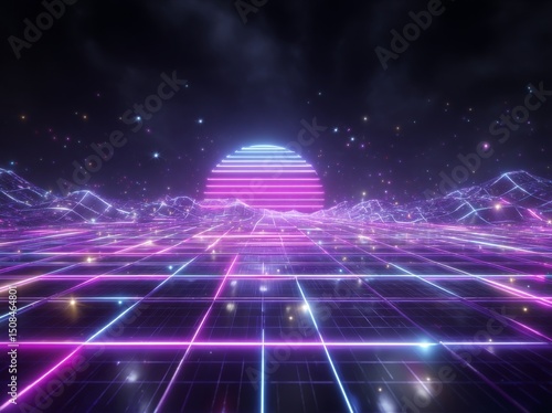 The retro futuristic neon grid background in this modern illustration features a distorted plane landscape and an 80s design perspective, with crossed neon lights and laser beams, all in a synthwave