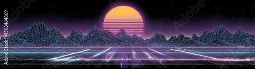 A summer landscape serves as the backdrop for a futuristic scene that combines retro 1980s elements with digital cyber surfaces and Sci-Fi themes, all while incorporating the vibrant atmosphere of an
