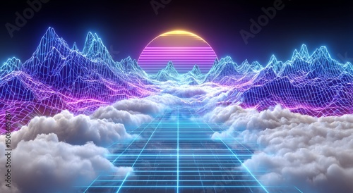 Synthwave, vaporwave, and retrowave styles converge in this cyber background, which boasts copy space, a laser grid, a starry sky, and a captivating array of blue and purple glows, smoke, and