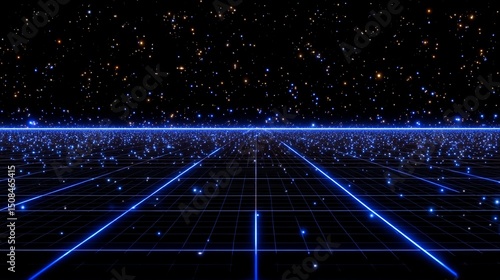 A cyber background featuring synthwave, vaporwave, and retrowave elements, complete with copy space, a laser grid, starry sky, and blue glow, suitable for various design applications