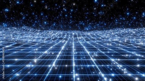 A synthwave vaporwave retrowave cyber background is presented, complete with a laser grid, starry sky, blue glow, and copy space, designed for use in a variety of applications, including posters,