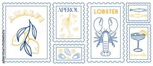 SET OF MEDITERANEAN, ITALIAN FOOD STAMPS STYLE DOLCE VITA 