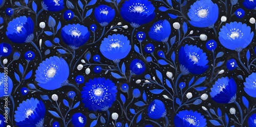 This design features a unique floral pattern with an assortment of painted flowers, leaves, and herbs, originally printed in a palette of blue, white, and yellow, suitable for use as a fashion