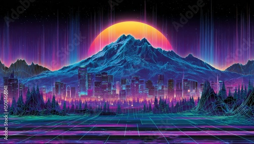 The metaverse landscape in this modern illustration includes big mountains, a deep blue sky with stars, and a prominent purple sun