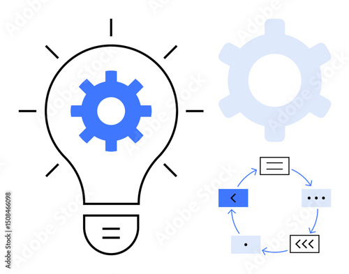Lightbulb including gear, large faint gear shape, and circular workflow chart. Ideal for creativity, innovation, process optimization, project planning, collaboration strategy efficiency. Flat