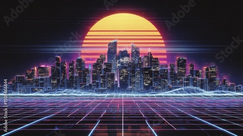 A modern illustration featuring a retro futuristic synthwave retrowave styled night cityscape, complete with a sunset in the background, is designed as a cover or banner template for retro wave music