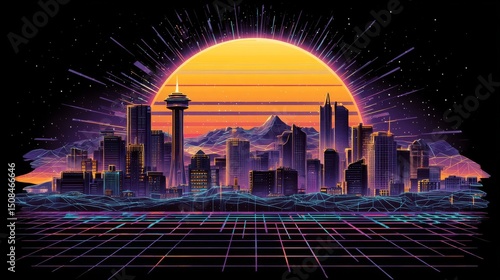 A night cityscape with a retro futuristic synthwave retrowave style, featuring a sunset in the background, serves as a cover or banner template for retro wave music, presented in a modern
