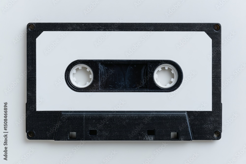 Fototapeta premium A close-up studio shot of the front of a vintage black VHS tape, complete with a blank label, is presented from a top view, isolated on white, to evoke the retro media feel of the 80s and 90s