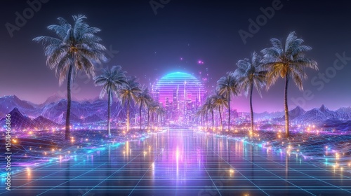 A stylized 80s retro futuristic sci-fi background with a vintage cyberpunk vaporwave 3D render, including mountains, sun, stars, and neon lights, all in low poly terrain grid