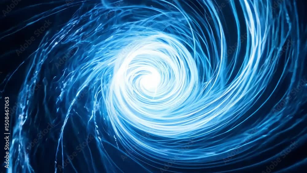 Dynamic blue energy vortex rotates creating hypnotic spiral motion with bright white center light forming cosmic tunnel effect